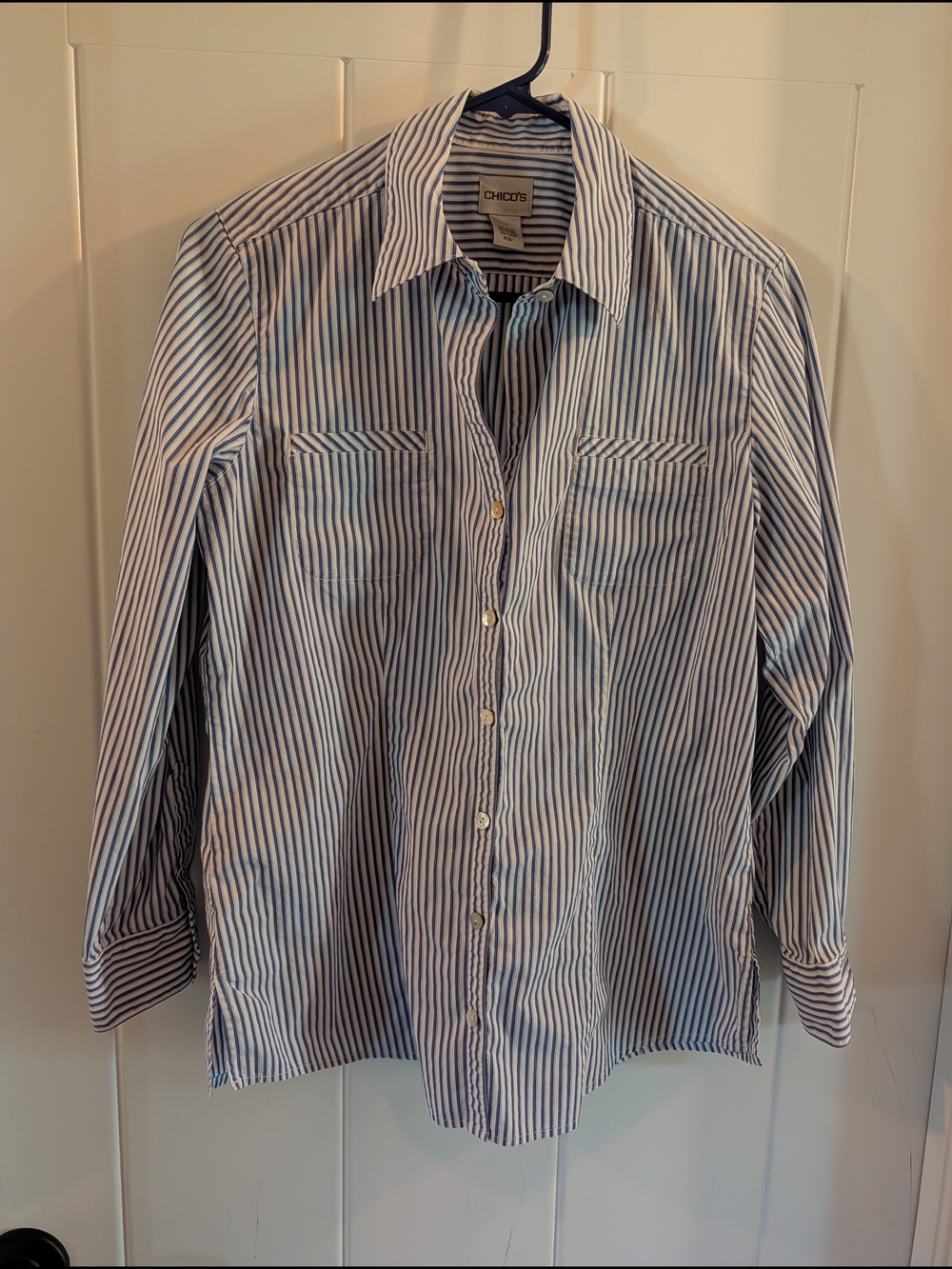 Chico's Blue and White Striped Button-Front Shirt